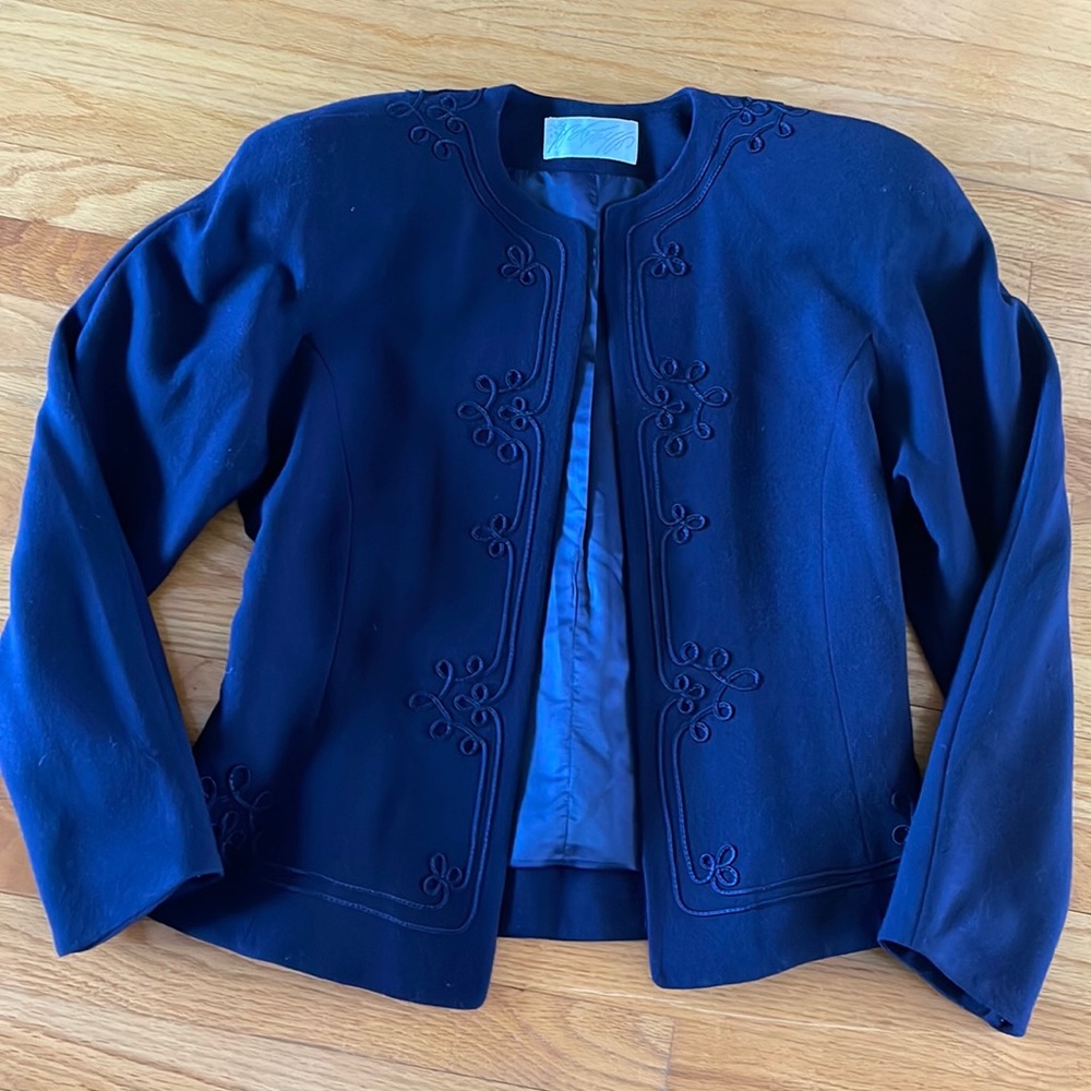 Lord & Taylor, 100% wool, navy, Bolero style jacket, no closures. Cropped. Lined